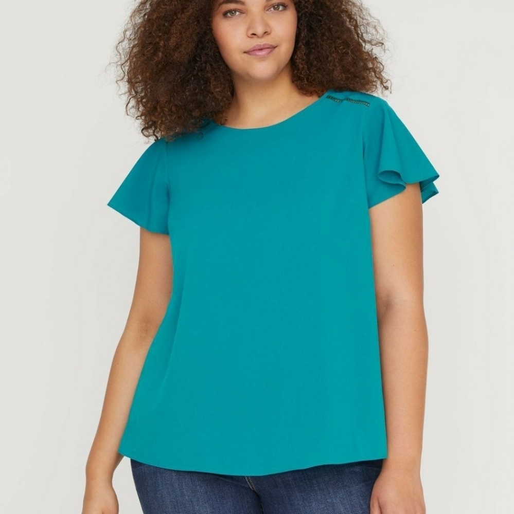 Lane Bryant Teal blue peacock flutter sleeve top shirt blouse 22 3X